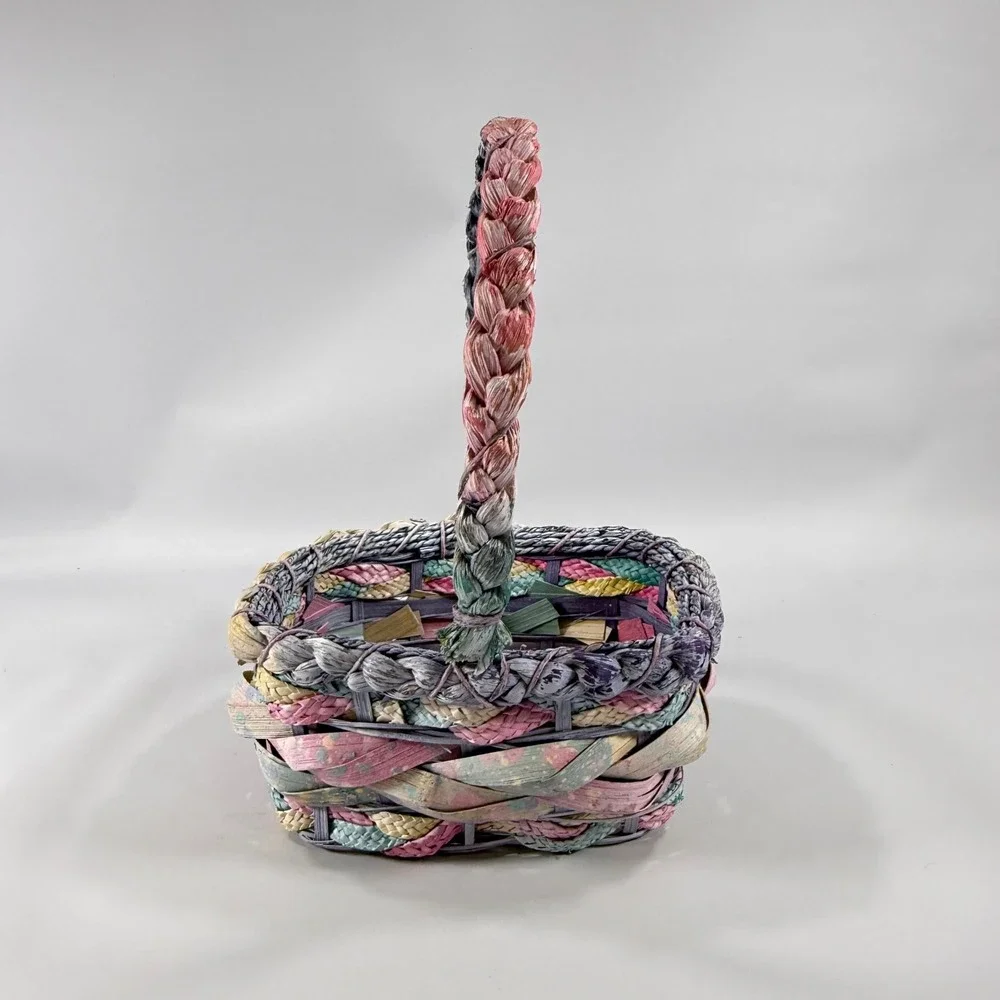 VTG Woven Basket w/ Handle 80's Pastel Multicolor Easter Cottagecore 11